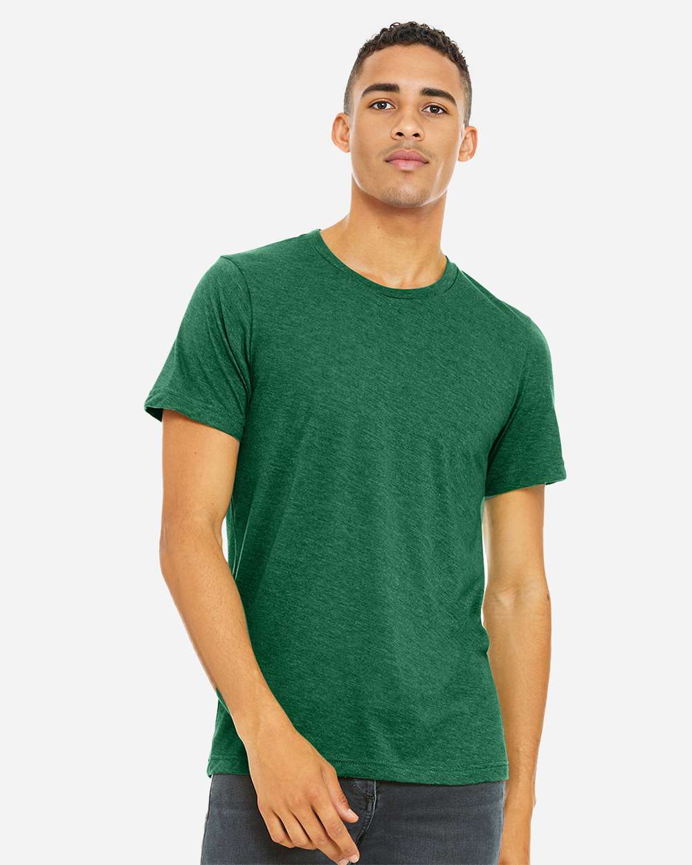 Man wearing a green t-shirt against a white background