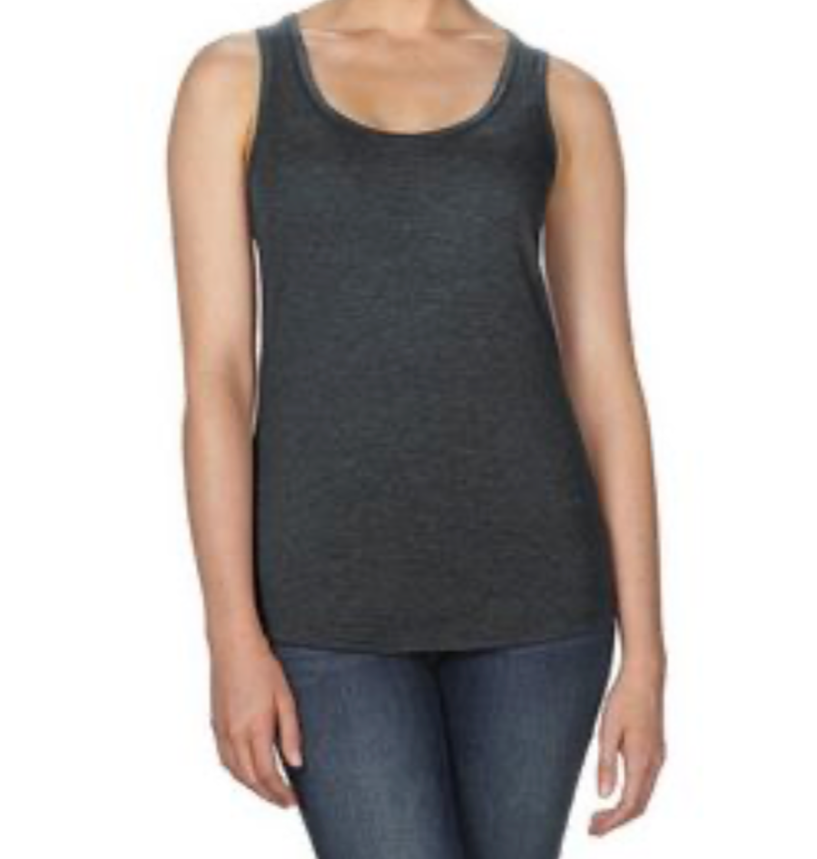 Person wearing a dark gray tank top and jeans on a white background