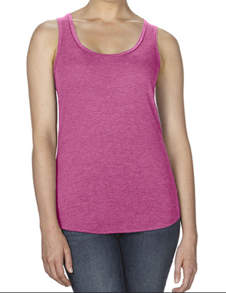 Person wearing a heather raspberry  tank top on a white background