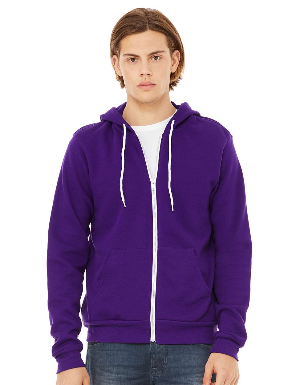 Person wearing a purple zip hoodie on a white background