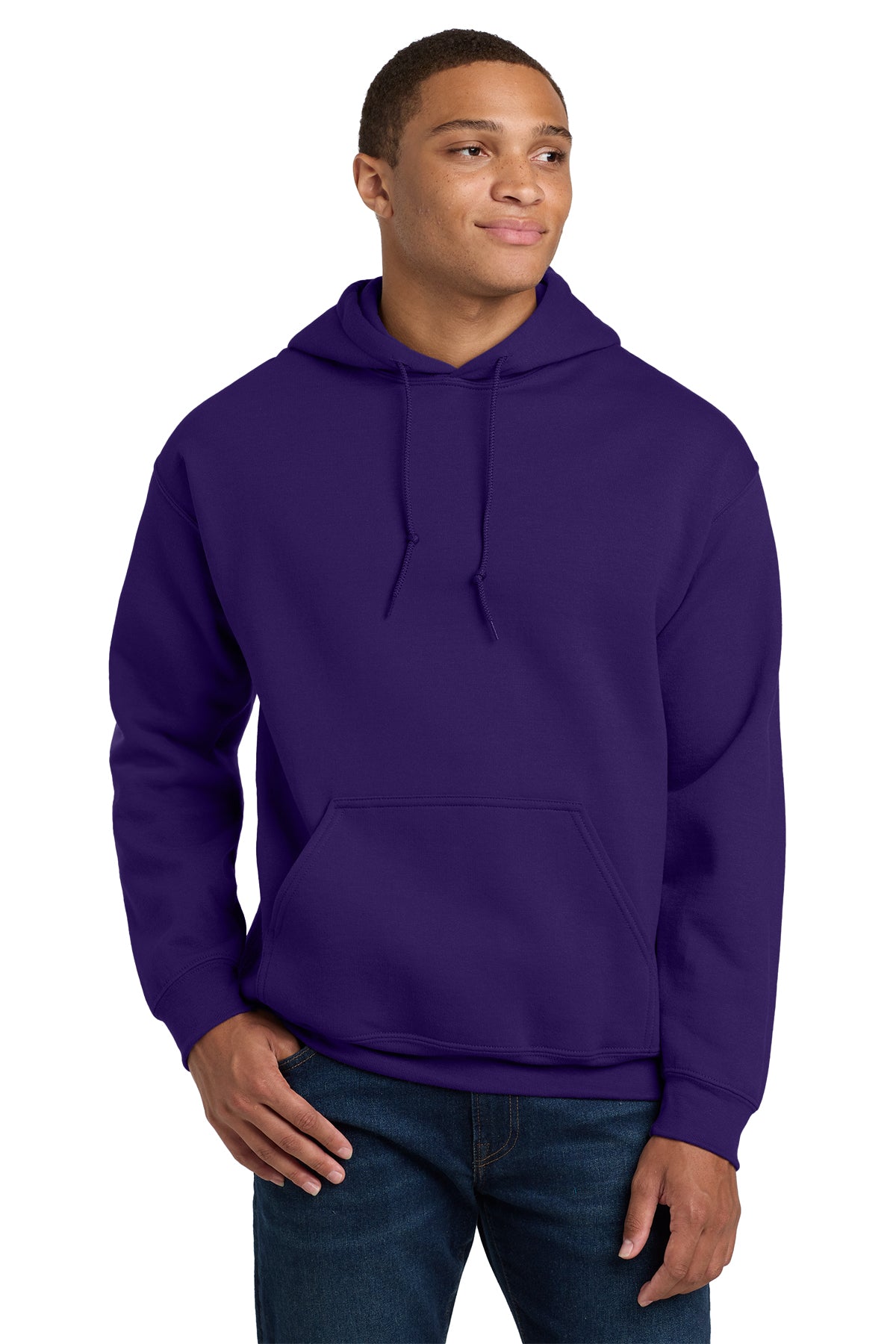 Man wearing a purple hoodie on a white background