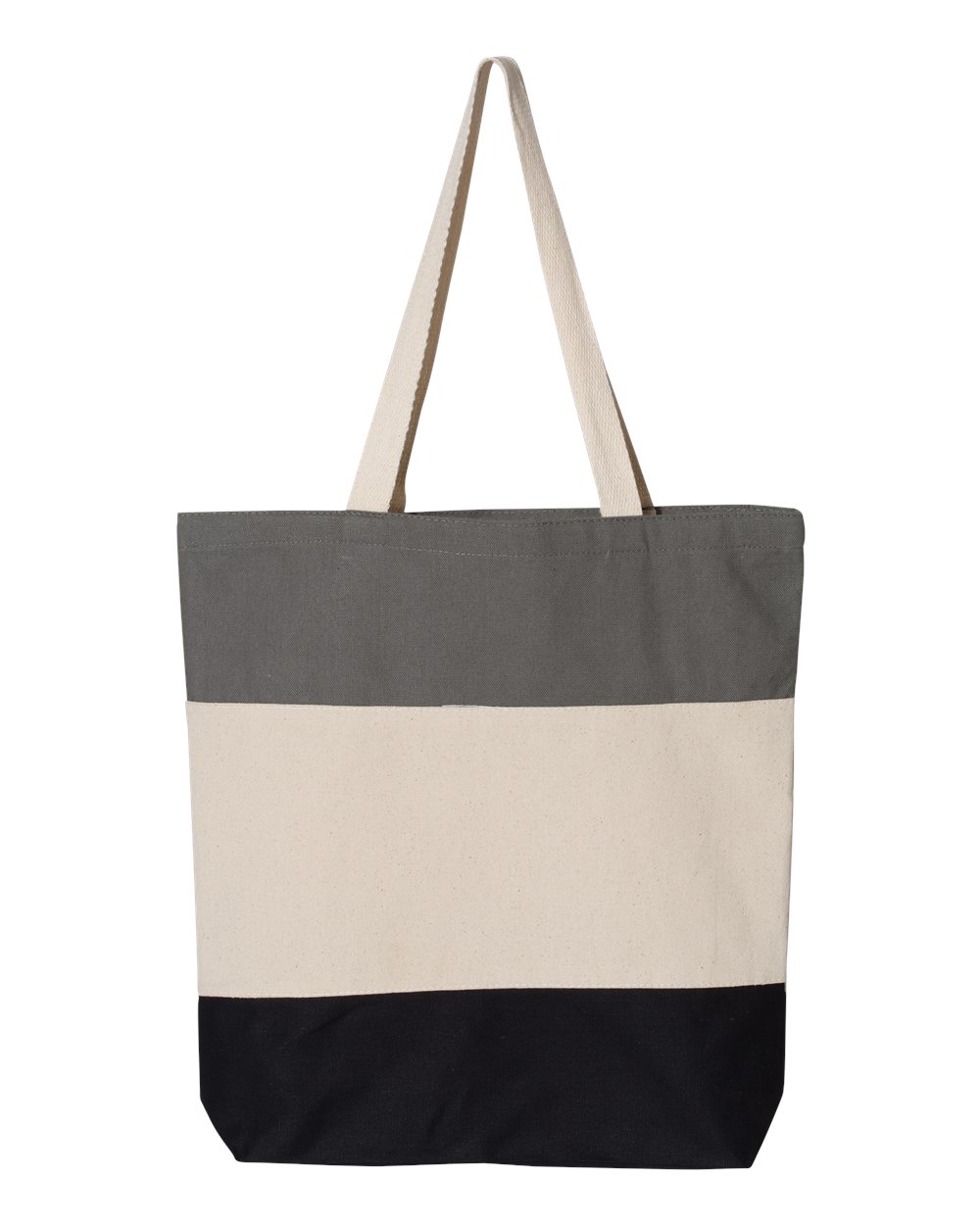 Tote bag with gray, beige, and black color block design on a white background