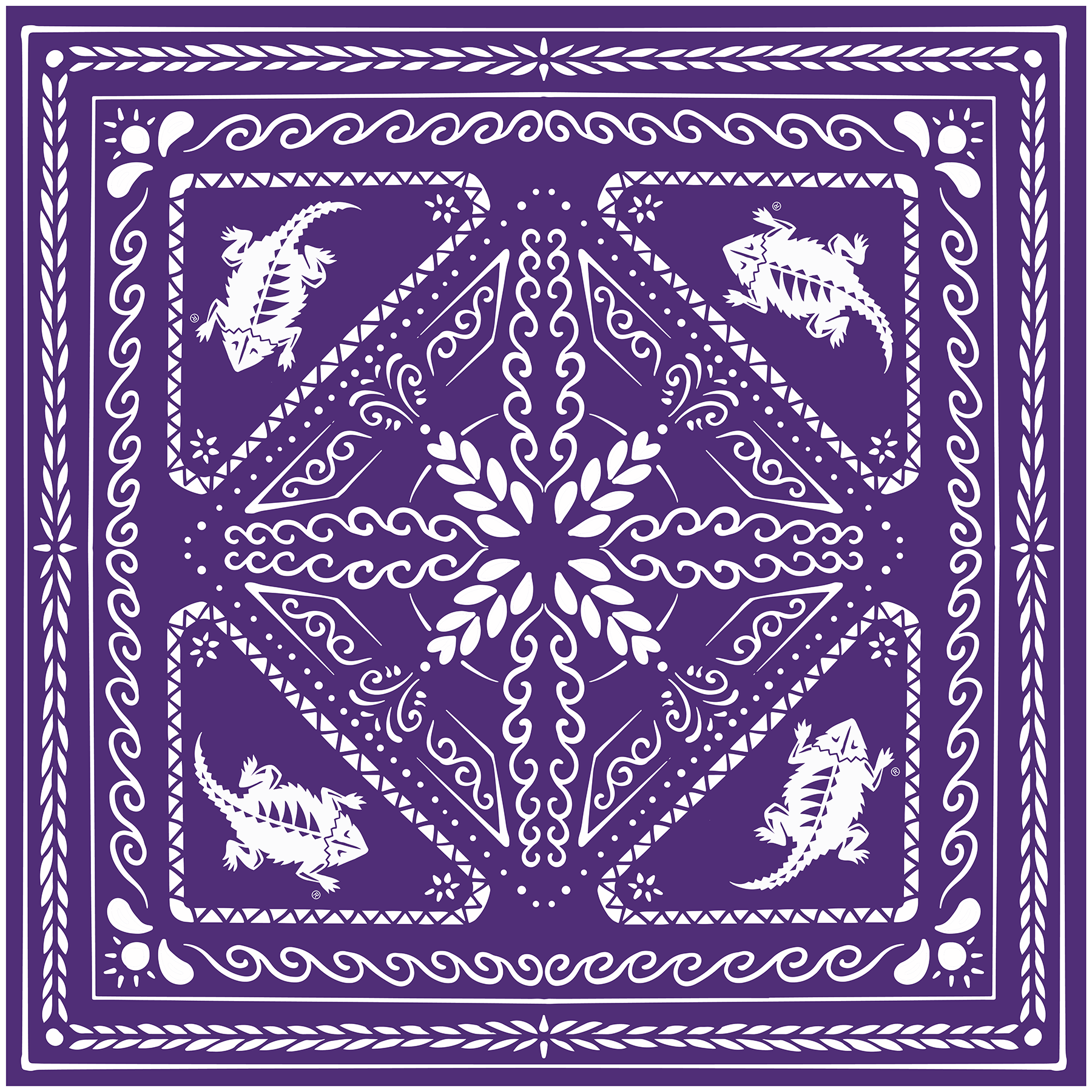 A purple bandana with a geometric pattern and screen printed horned frog designs.