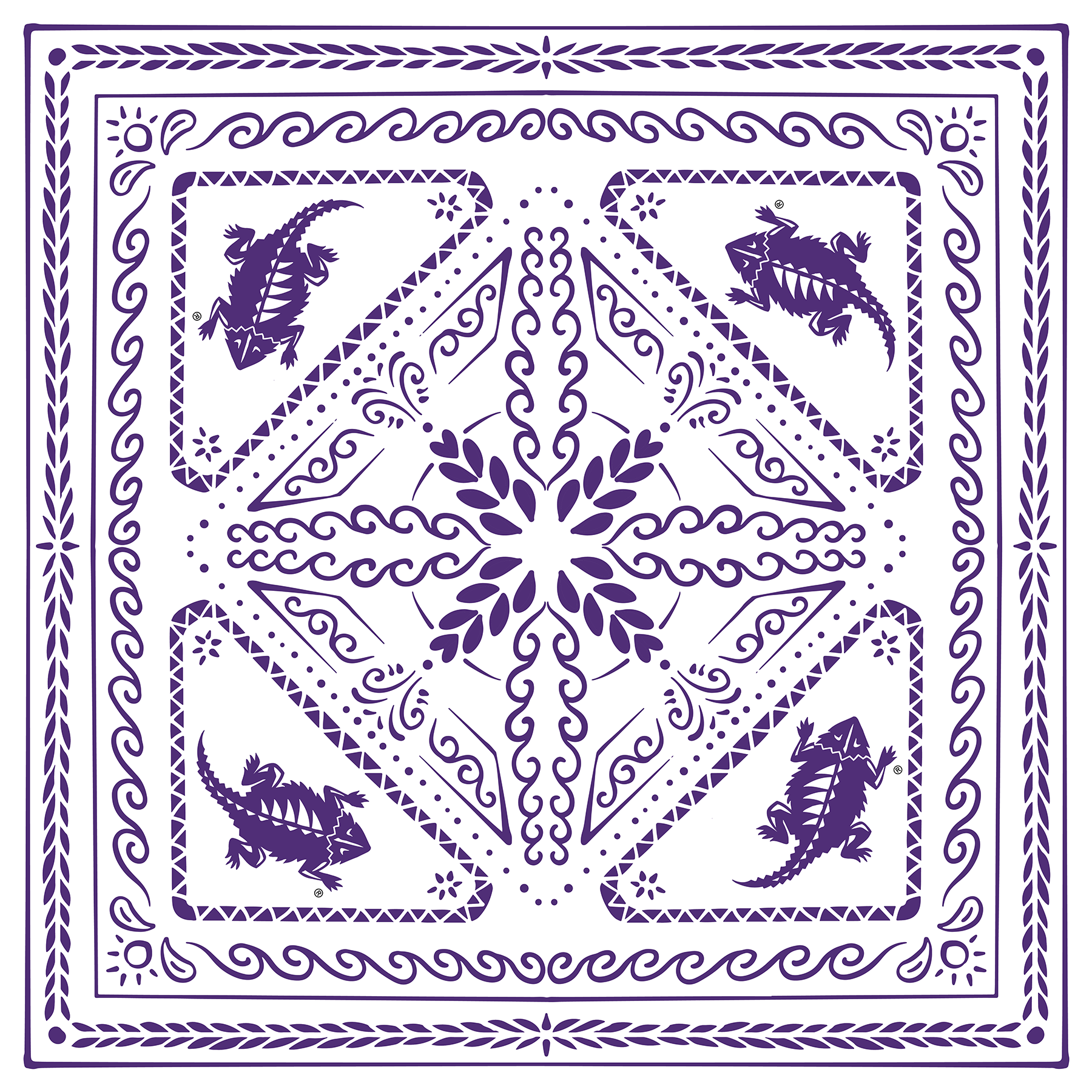 A purple bandana with a geometric pattern and screen printed horned frog designs.