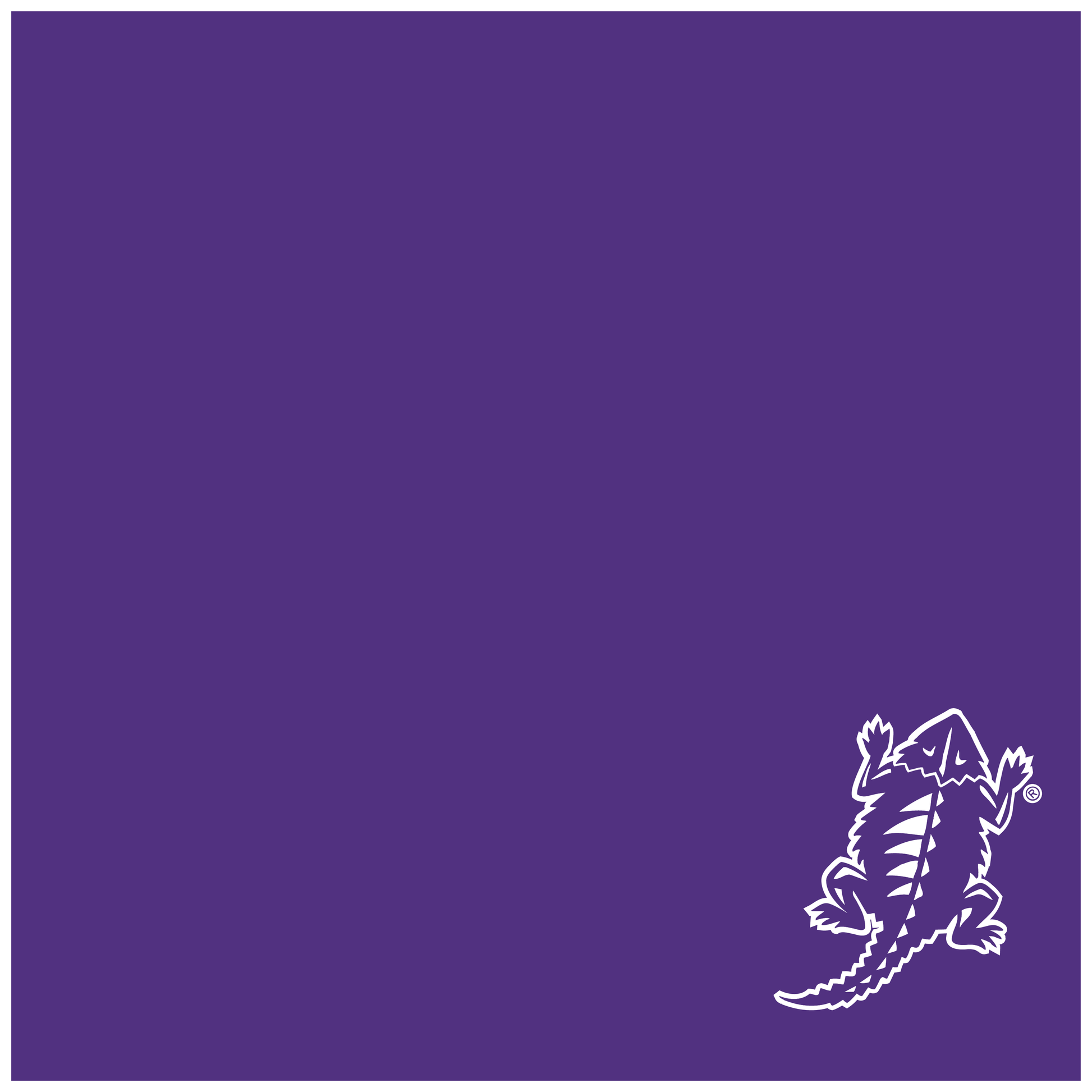 A purple dog bandana with the TCU's frog logo printed on it.