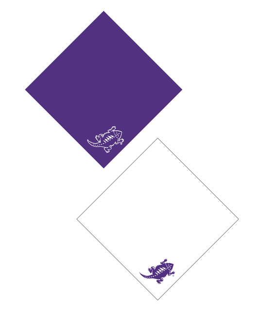 Two dog bandanas with the TCU's frog  logo text printed on it.