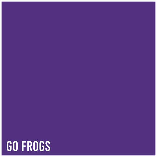 A purple dog bandana with 'Go Frogs' text printed on it.