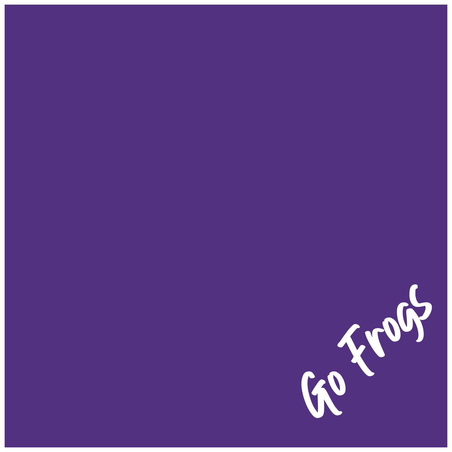 A purple dog bandana with 'Go Frogs' text printed on it.