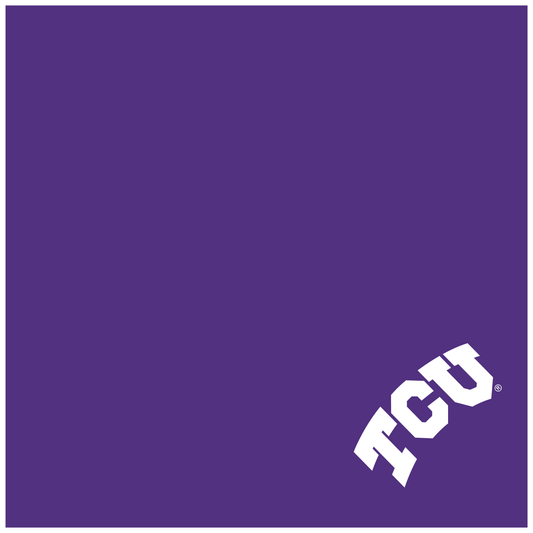 A purple dog bandana with the 'TCU' logo text printed on it.