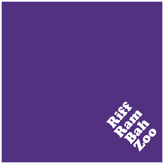A purple dog bandana with 'Riff Ram Bah Zoo' text printed on it.