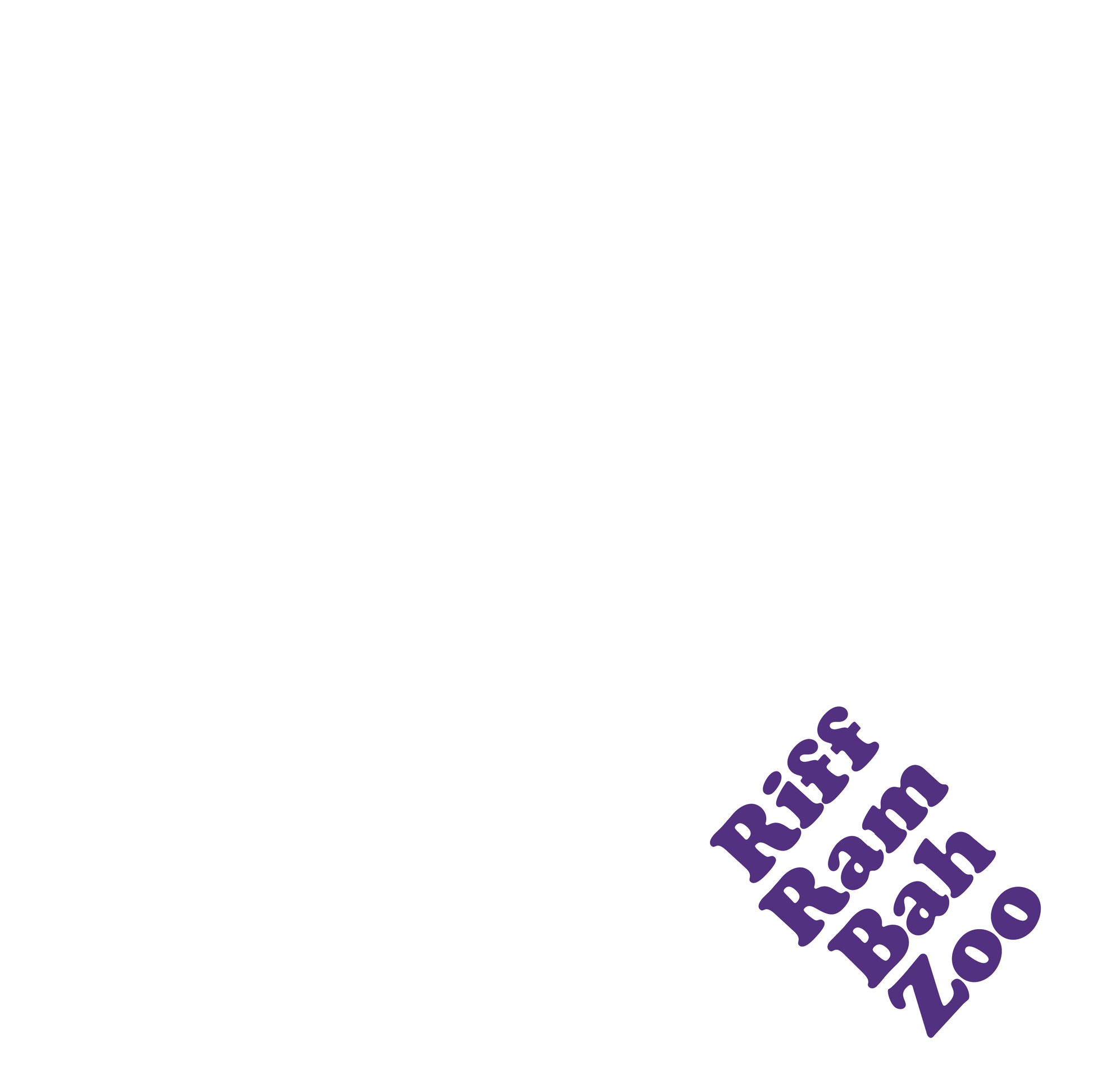A white dog bandana with 'Riff Ram Bah Zoo' text printed on it.