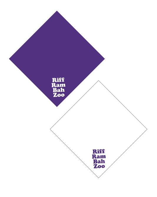 Two dog bandanas with Riff Ram Bah Zoo printed on them.