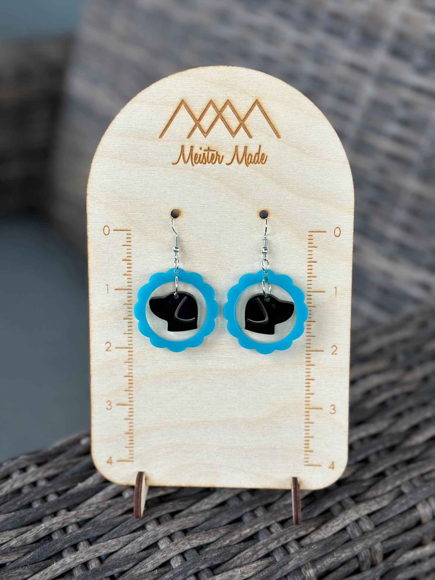 teal frame with a black dog earrings
