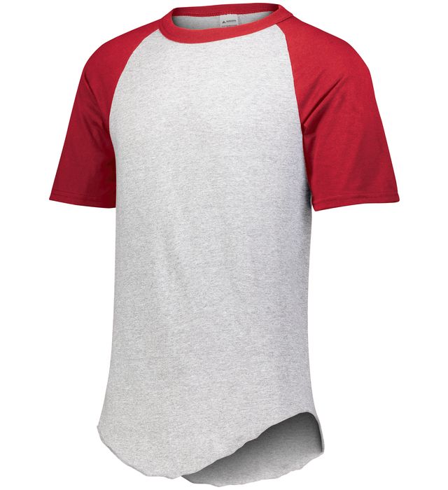 An adult short sleeve baseball jersey with contrasting red and gray colors, featuring a 1x1 rib knit collar and raglan sleeves.