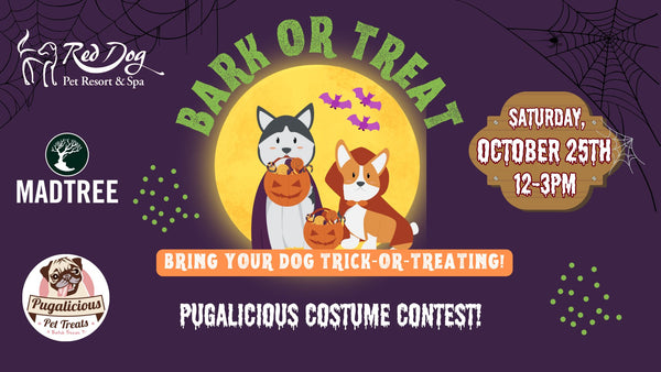 Promotional flyer for Red Dog's October 25 2025 'Bark or Treat' event with dogs, pumpkins, and Halloween elements on a purple background.