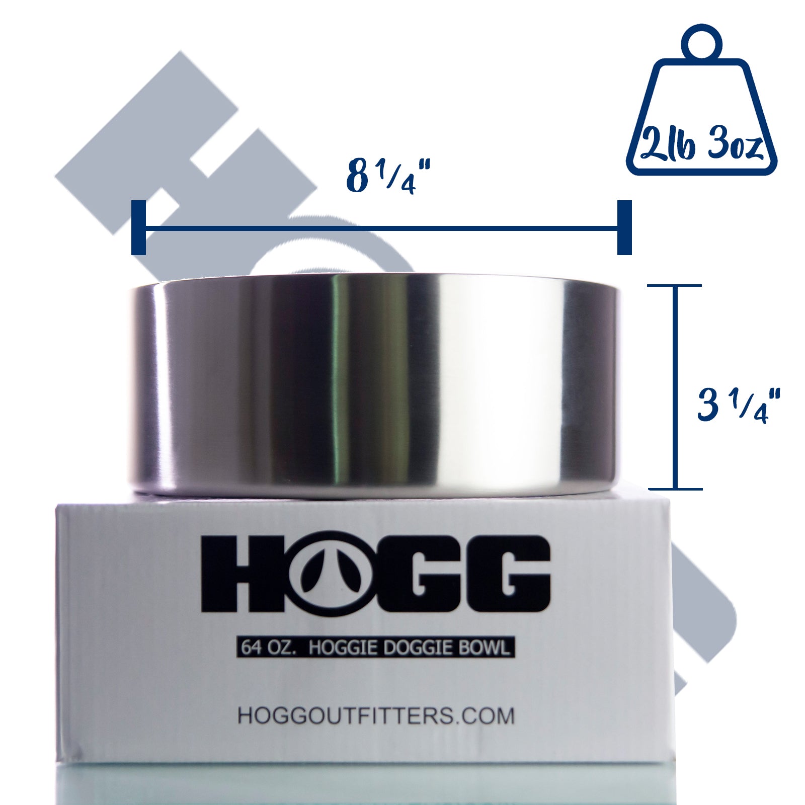A 64oz stainless insulated dog bowl with double-wall vacuum insulation, displayed next to its packaging that has 'HOGG' and '64oz HOGGIE BOWL' printed on it. The packaging also includes the dimensions of the bowl.