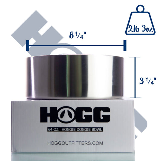 A 64oz stainless insulated dog bowl with double-wall vacuum insulation, displayed next to its packaging that has 'HOGG' and '64oz HOGGIE BOWL' printed on it. The packaging also includes the dimensions of the bowl.