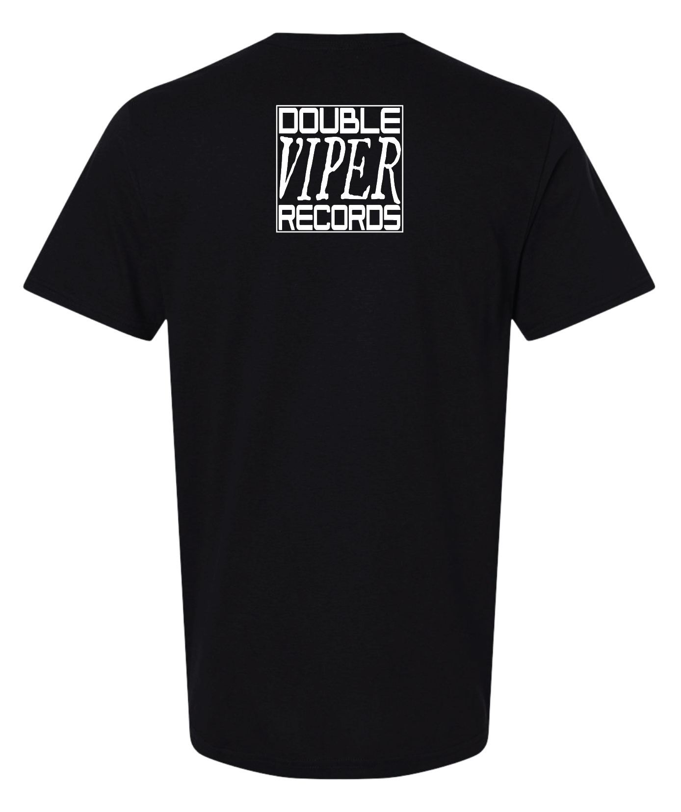 A black short-sleeve t-shirt shown from the back, featuring a white graphic print on the upper back that reads 'DOUBLE VIPER RECORDS' in a stylized block font.