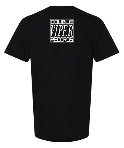 A black short-sleeve t-shirt shown from the back, featuring a white graphic print on the upper back that reads 'DOUBLE VIPER RECORDS' in a stylized block font.