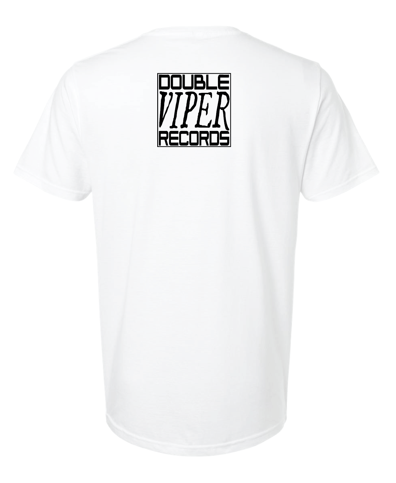 A white short-sleeve t-shirt shown from the back, featuring a black rectangular graphic on the upper back with the text 'DOUBLE VIPER RECORDS'.