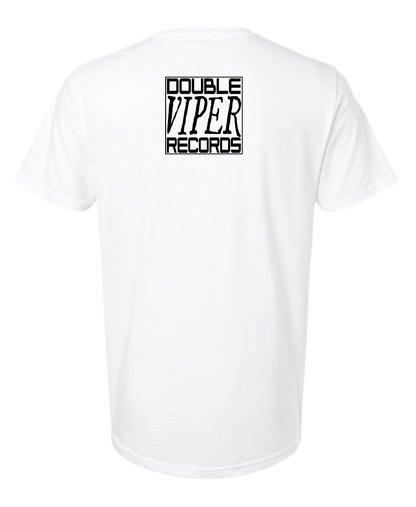 A white short-sleeve t-shirt shown from the back, featuring a black rectangular graphic on the upper back with the text 'DOUBLE VIPER RECORDS'.