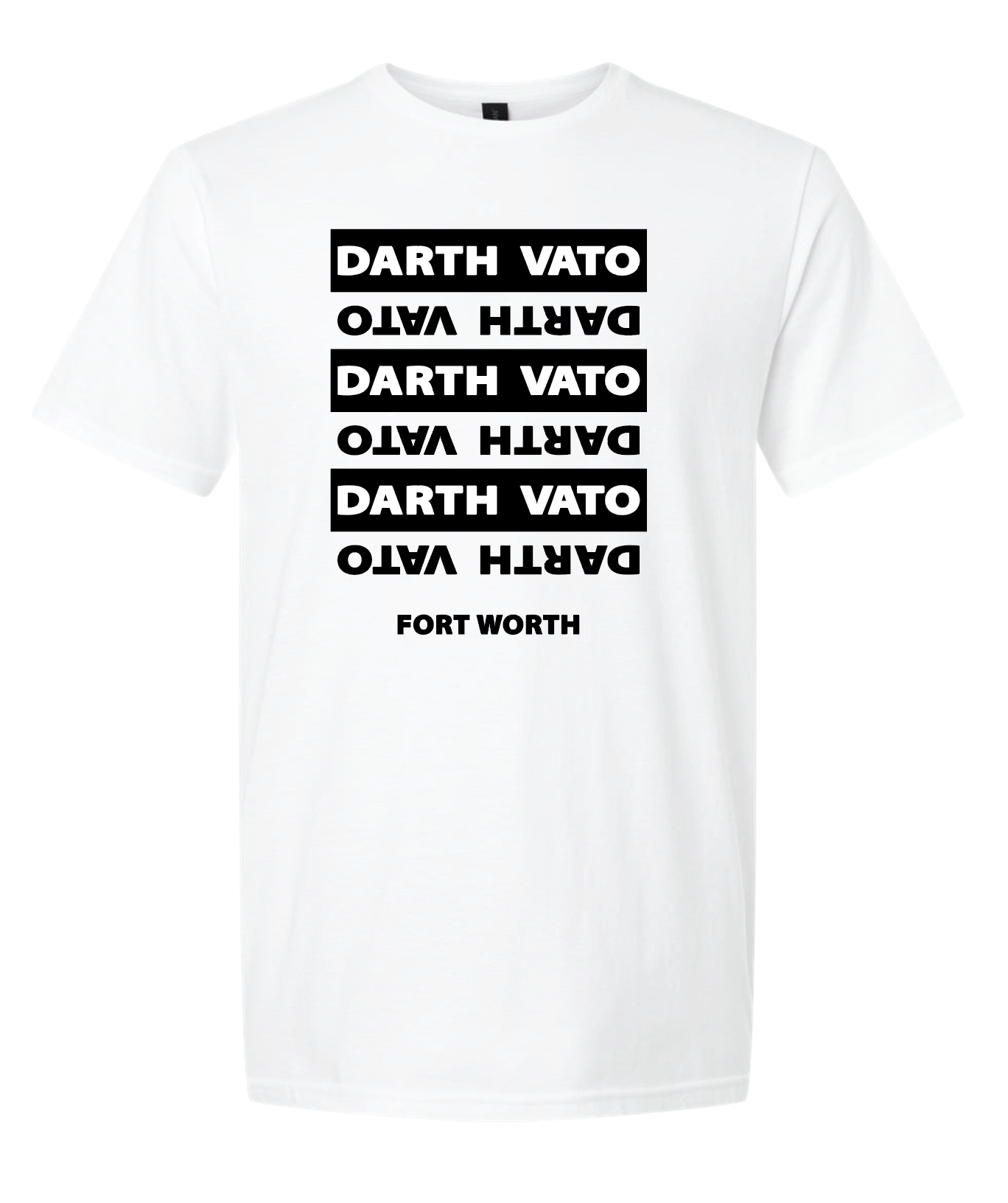 A white short-sleeve crewneck t-shirt featuring a black graphic print on the front. The graphic consists of five stacked horizontal black bars with the text 'DARTH VATO' printed upside down inside each bar, and 'FORT WORTH' printed below in a clean sans-serif font.