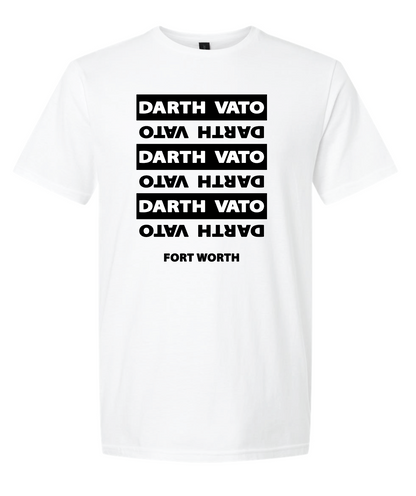 A white short-sleeve crewneck t-shirt featuring a black graphic print on the front. The graphic consists of five stacked horizontal black bars with the text 'DARTH VATO' printed upside down inside each bar, and 'FORT WORTH' printed below in a clean sans-serif font.