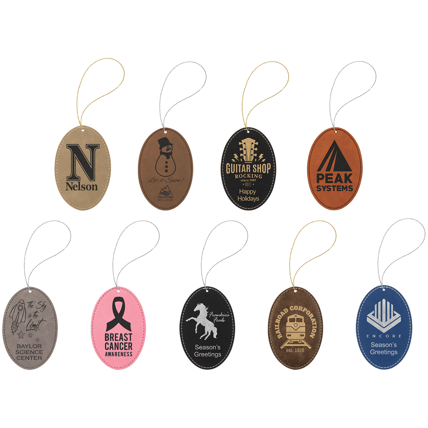 A collection of oval vegan leather ornaments with various engravings, attached to a string, displayed against a white background.