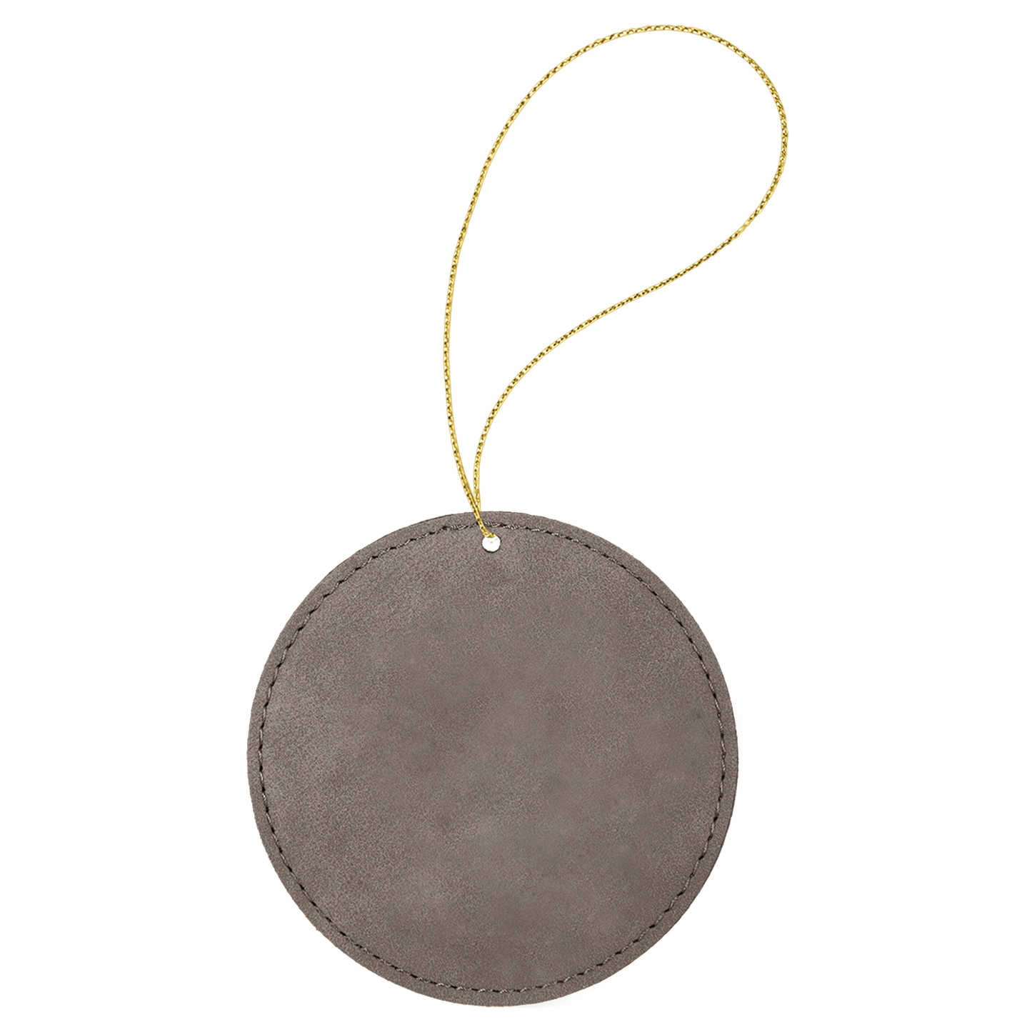 A round vegan leather ornament attached to a gold-colored loop on top.