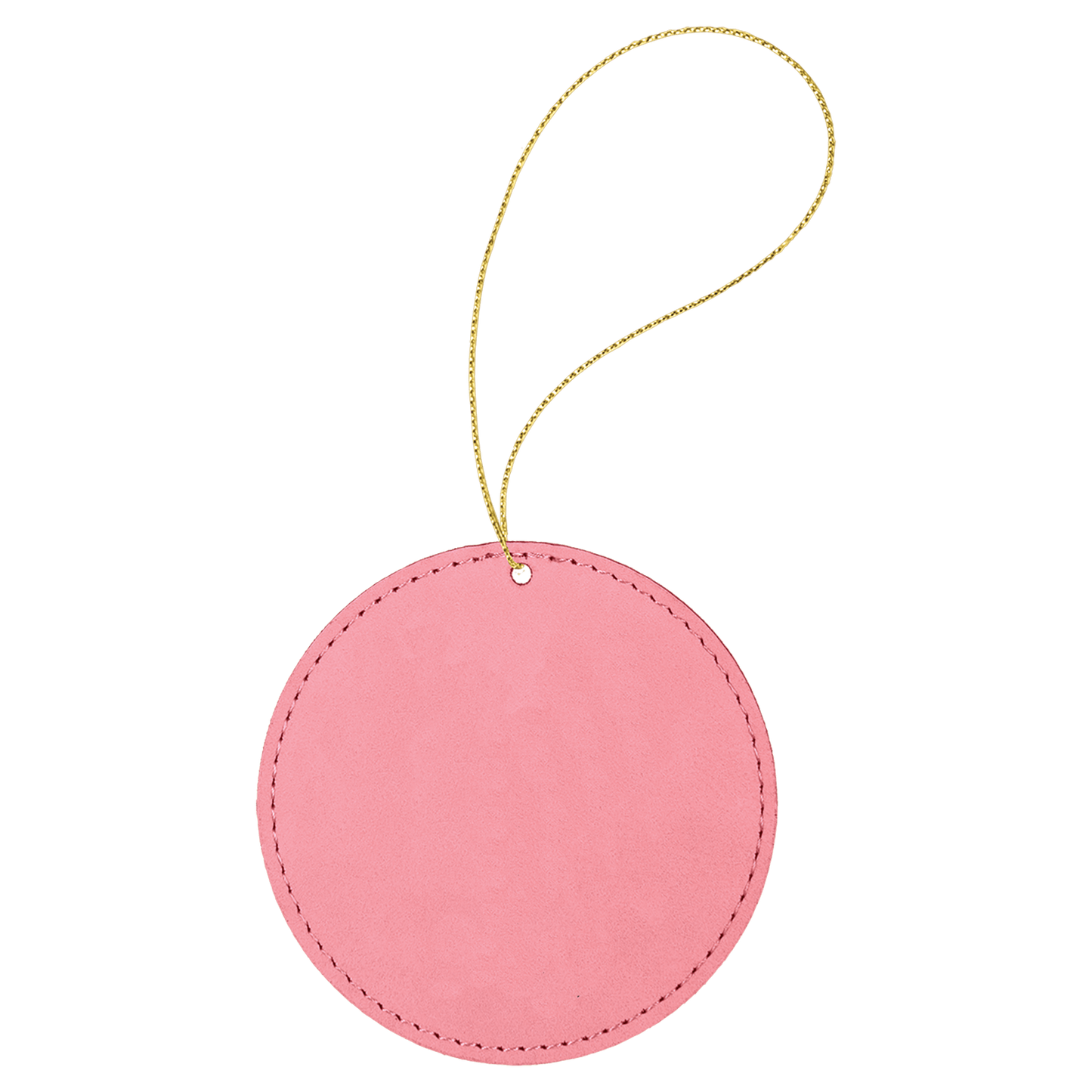A round vegan leather ornament attached to a gold-colored loop on top.
