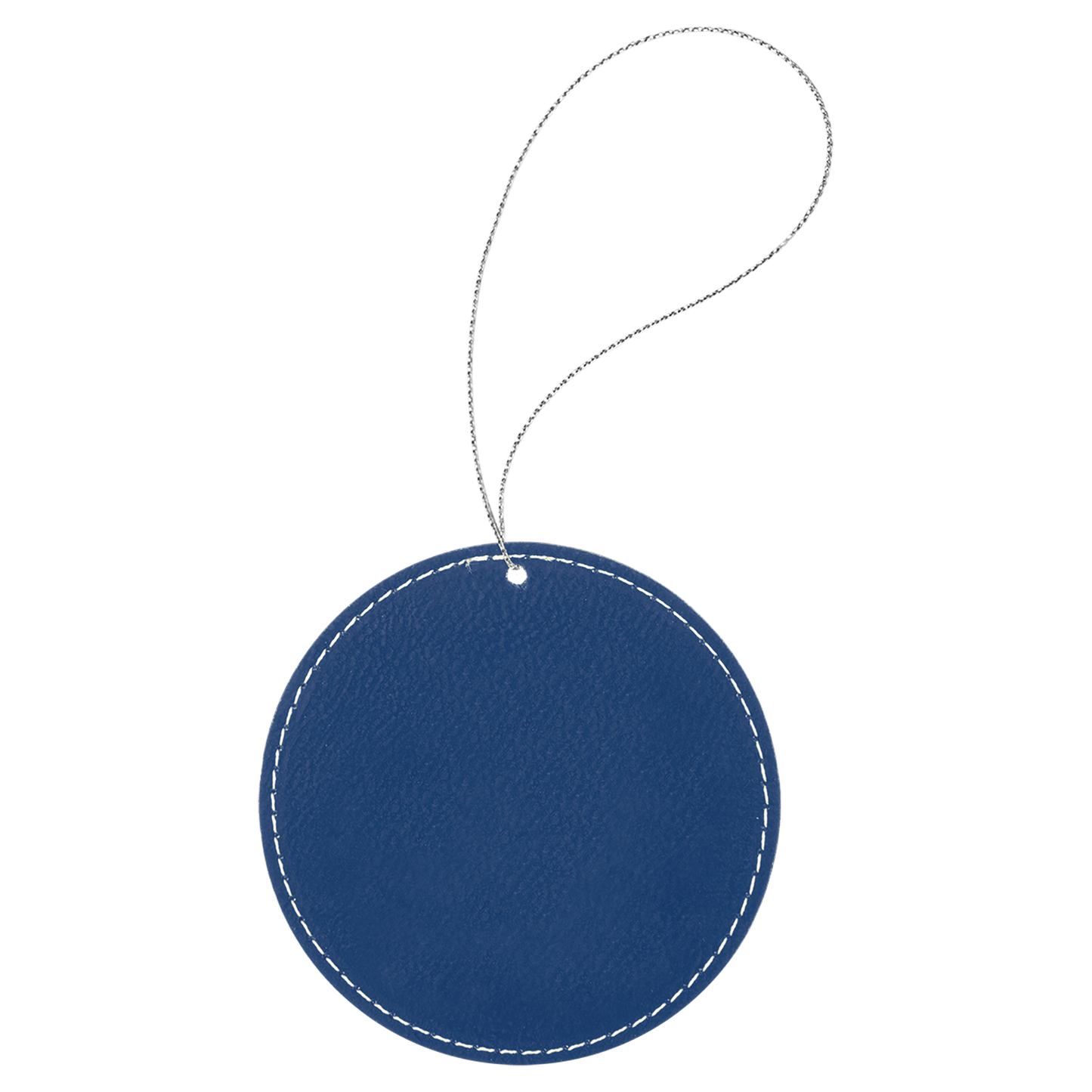 A round vegan leather ornament attached to a gold-colored loop on top.
