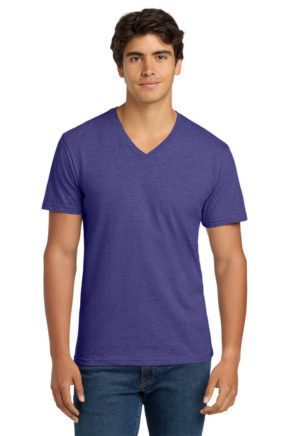 Man wearing a heather-purple v-neck  t-shirt on a white background