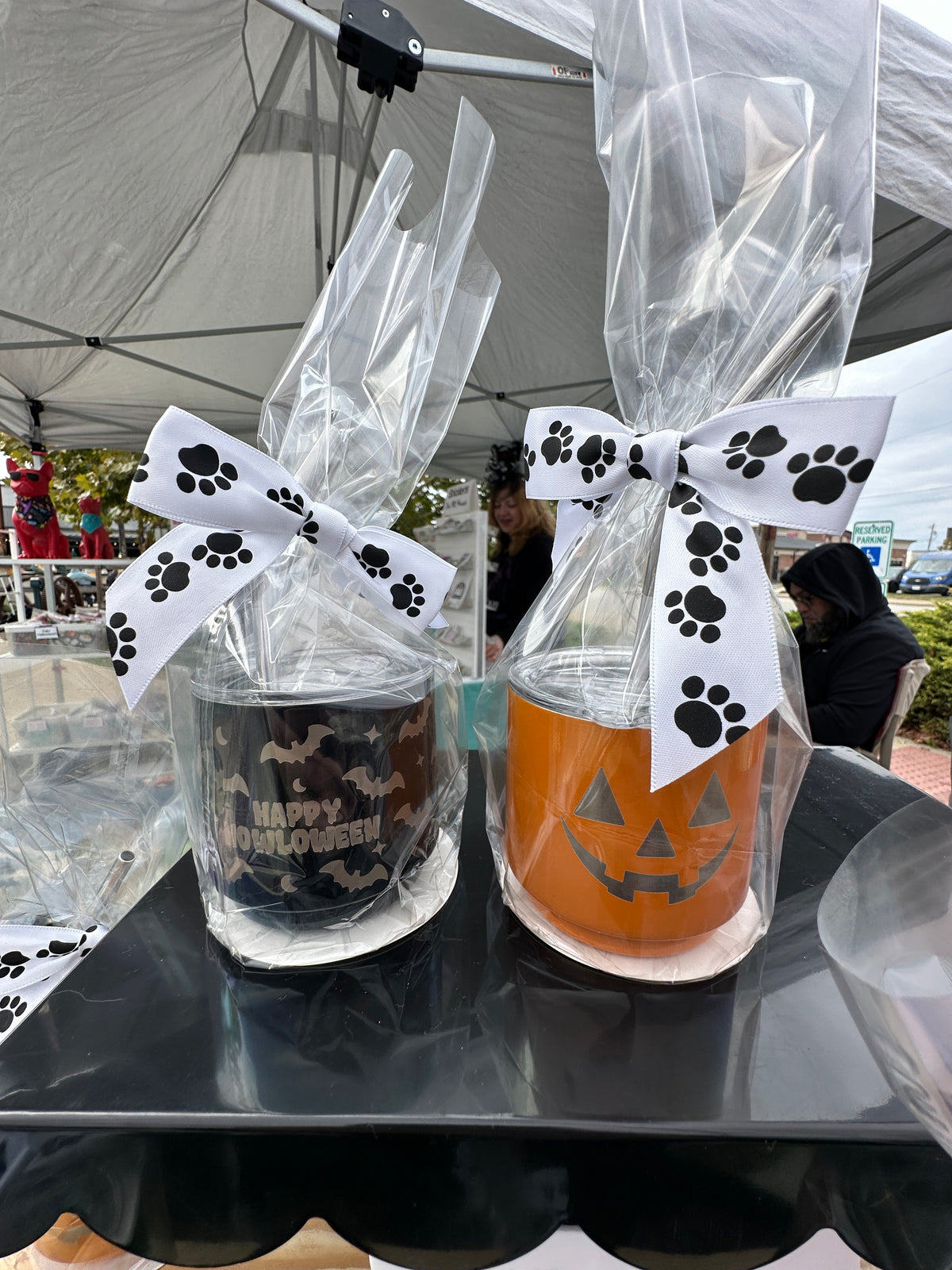 Halloween Pup Cups: Black with Bats and Orange with a jack-o-lantern face