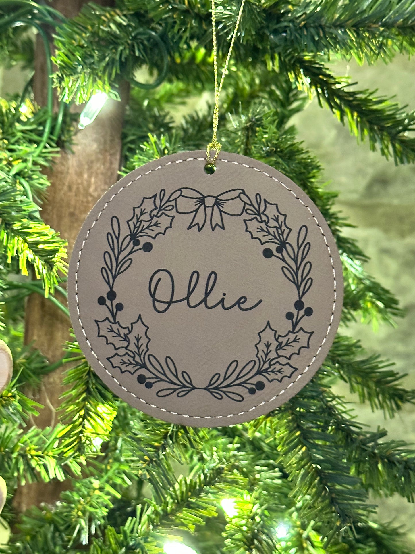 Personalized Wreath Round Vegan Leather Ornament