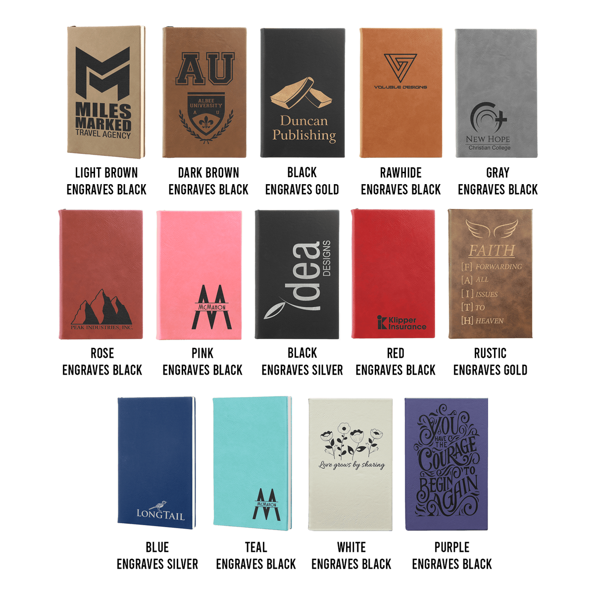 A selection of vegan leather journals with different colors and engraving details, displayed in a grid arrangement.