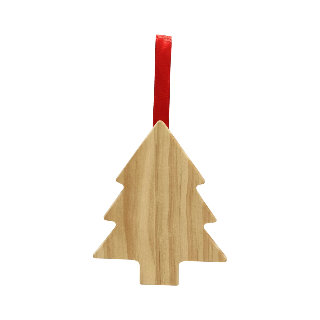 Unfinished pinewood Christmas tree ornament with a red ribbon attached for hanging.