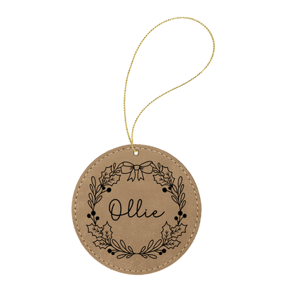 Personalized Wreath Round Vegan Leather Ornament